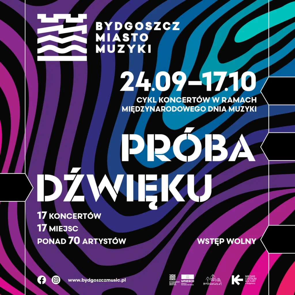 Plakat informacyjny cyklu koncertów w ramach Międzynarodowego Dnia Muzyki z logotypem Bydgoszczy Miasta Muzyki.