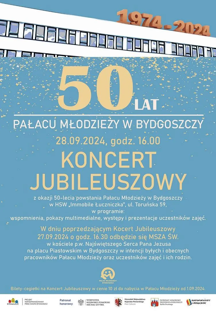 Plakat informacyjny koncertu jubileuszowego z okazji 50-lecia Pałacu Młodzieży w Bydgoszczy.