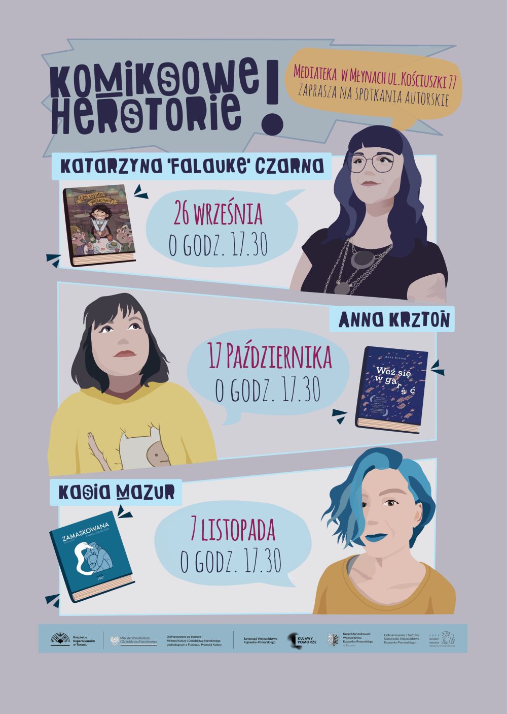 Plakat zapraszający na spotkania z cyklu: "Komiksowe herstorie"