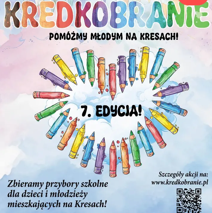 Plakat akcji Kredkobranie". Kolorowe kredki ułożone w kształcie serca. 7. edycja - pomóżmy młodym na kresach.