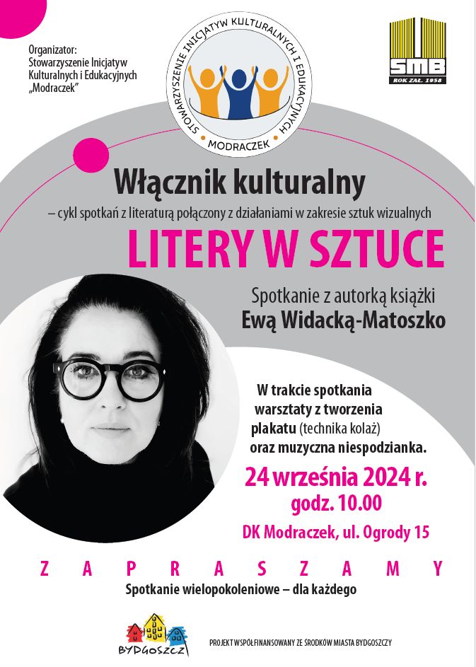 Plakat z wizerunkiem kobiety w okularach. Informacje o spotkaniu z autorką pt. "Litery w sztuce".