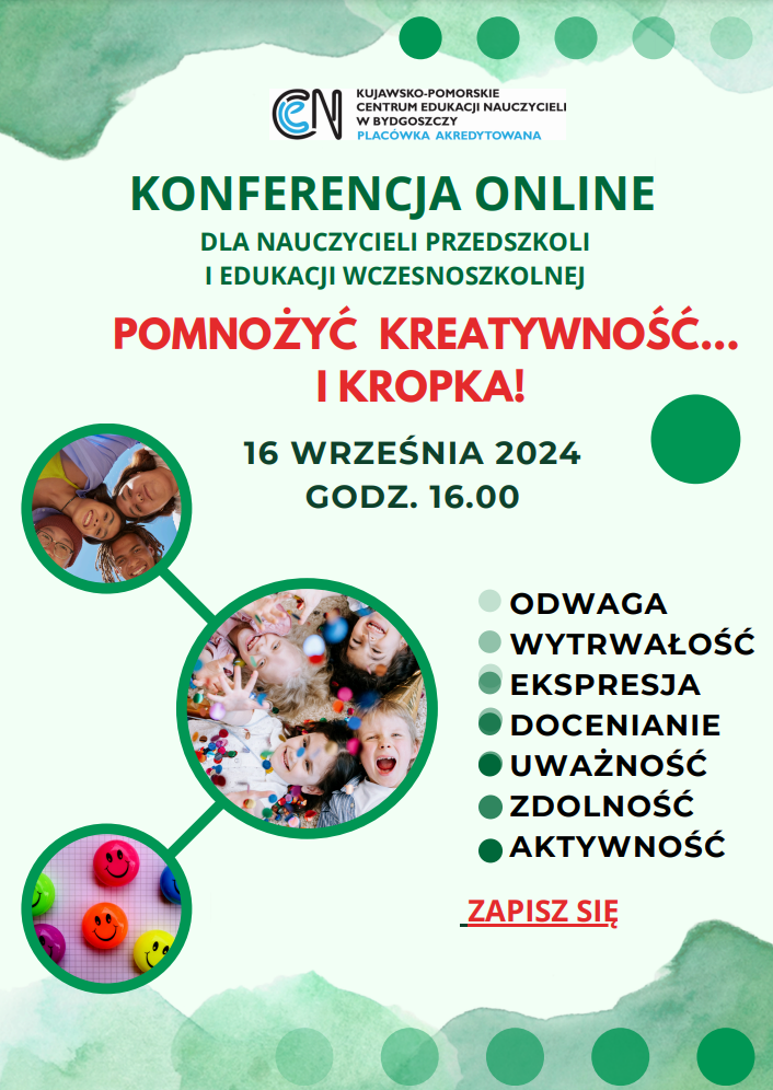 Plakat informacyjny konferencji online "Pomnożyć kreatywność... i kropka!".