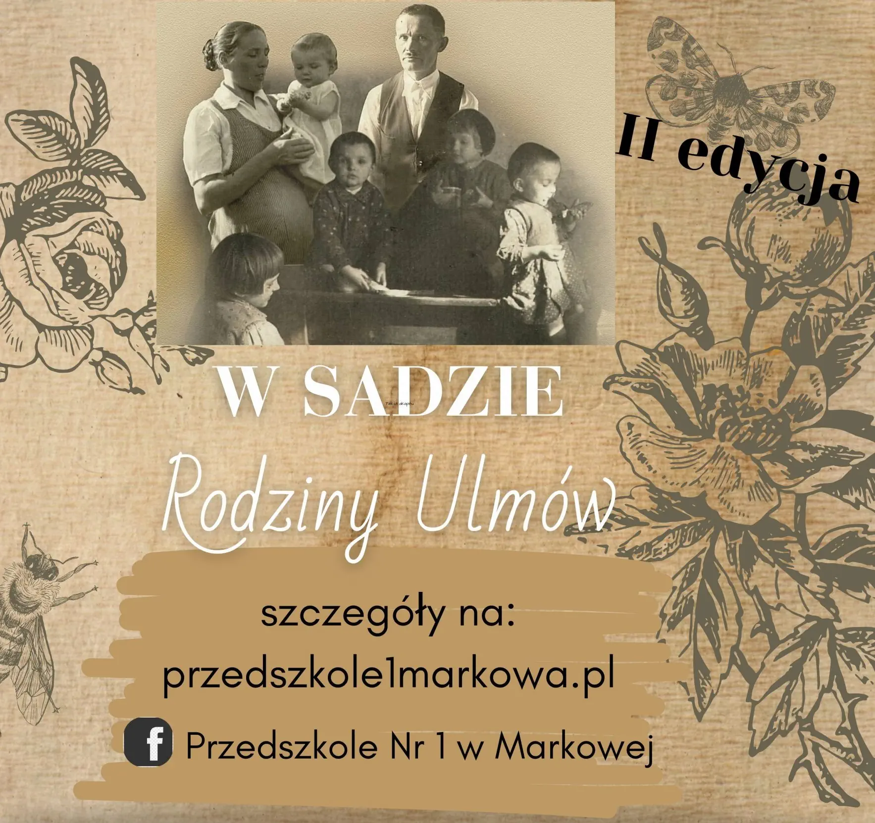 Stara fotografia rodzinna na plakacie konkursu pn. "W sadzie rodziny Ulmów".