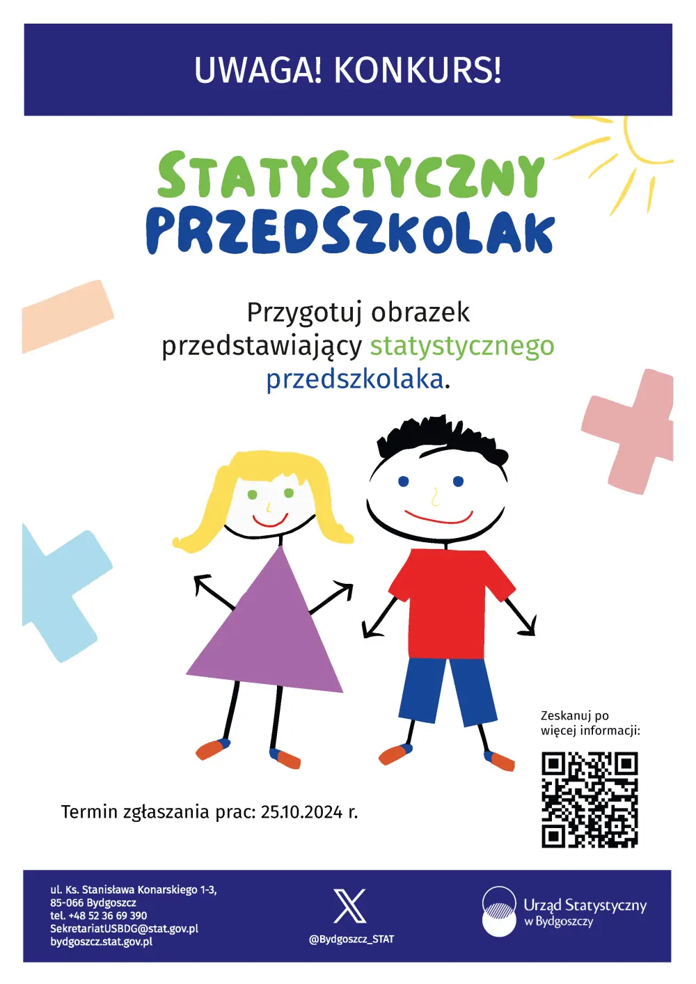 Dziewczynka i chłopiec rysowane dziecięcą ręką na plakacie konkursowym pn. "Statystyczny przedszkolak".