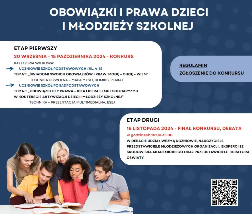 Plakat informacyjny konkursu "Obowiązki i prawa dzieci i młodzieży".