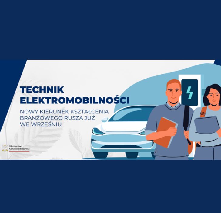 Samochód elektryczny przy ładowarce oraz dwoje uczniów z notatkami. Napis technik elektromobilności - nowy kierunek kształcenia.