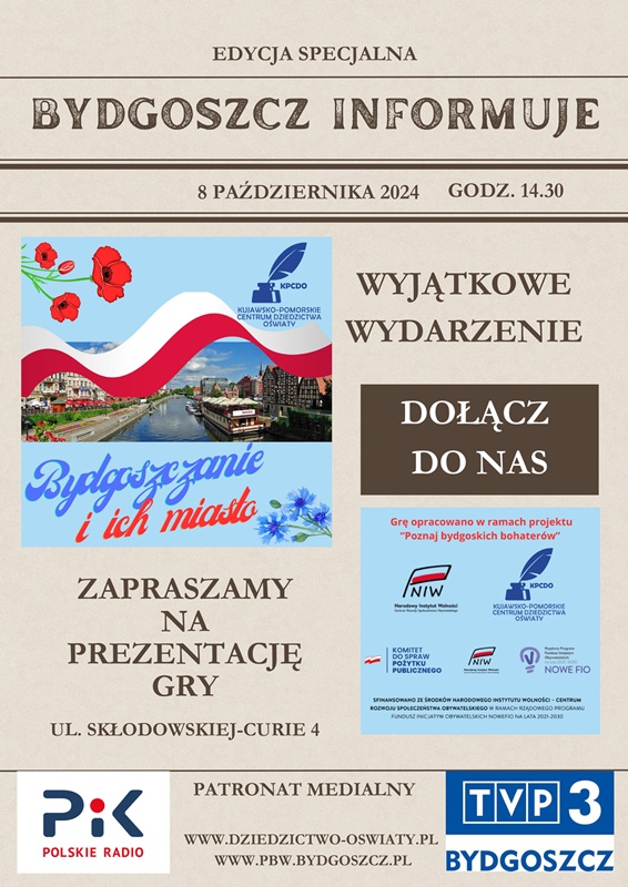 Plakat w formie jednodniówki "Bydgoszcz Informuje" o spotkaniu poświęconemu prezentacji gry.