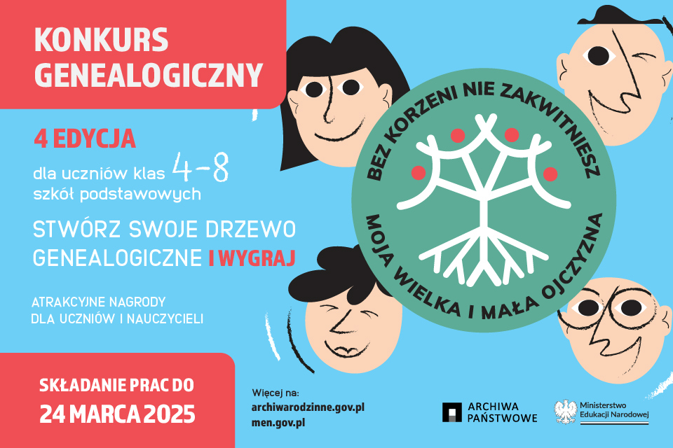 grafika wektorowa, niebiesko-czerwony plakat 4 edycja Konkursu genealogicznego, z logotypami organizatorów i twarzami uśmiechniętych osób