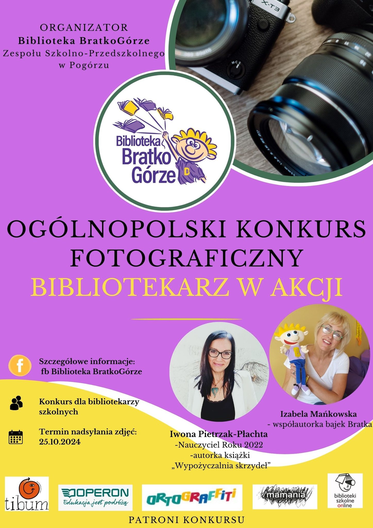 fioletowo-żółty plakat z motywem aparatu fotograficznego, zdjęciami Nauczycielki Roku 2022 i pisarki dla dzieci oraz logotypami organzatorów