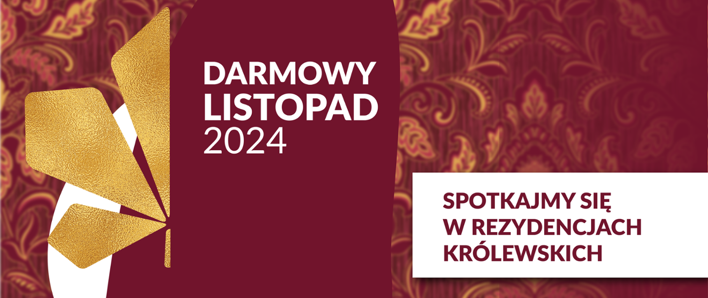 bordowa grafika Darmowy Listopad 2024 z motywem dużego złotego liścia kasztanowca i mniejszych listków