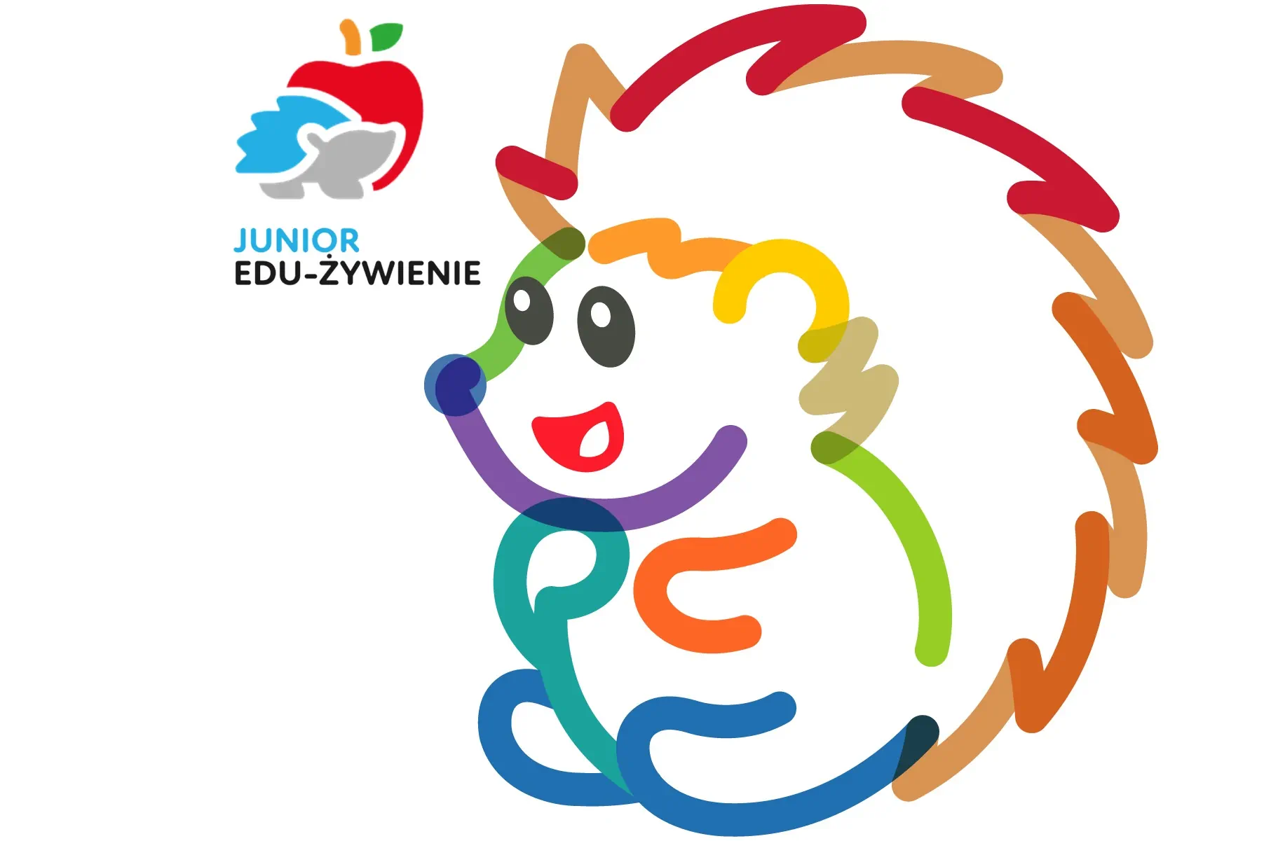 Kolorowy jeż i logotyp programu Junior Edu-Żywienie.