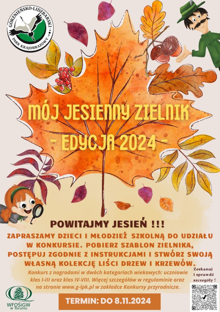 plakat konkursu Mój jesienny zielnik edycja 2024 w motywem jesiennych liści i roślin, myśliwego w zielonym ubraniu, dziewczynki z lupą oraz logo organizatorów i podstawowymi informacjamiA