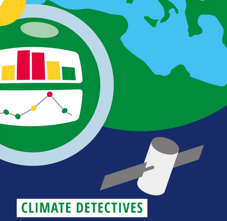 Sztuczny satelita krążący nad Ziemią oraz wykresy liniowe i słupkowe. Napis: Climate Detectives.