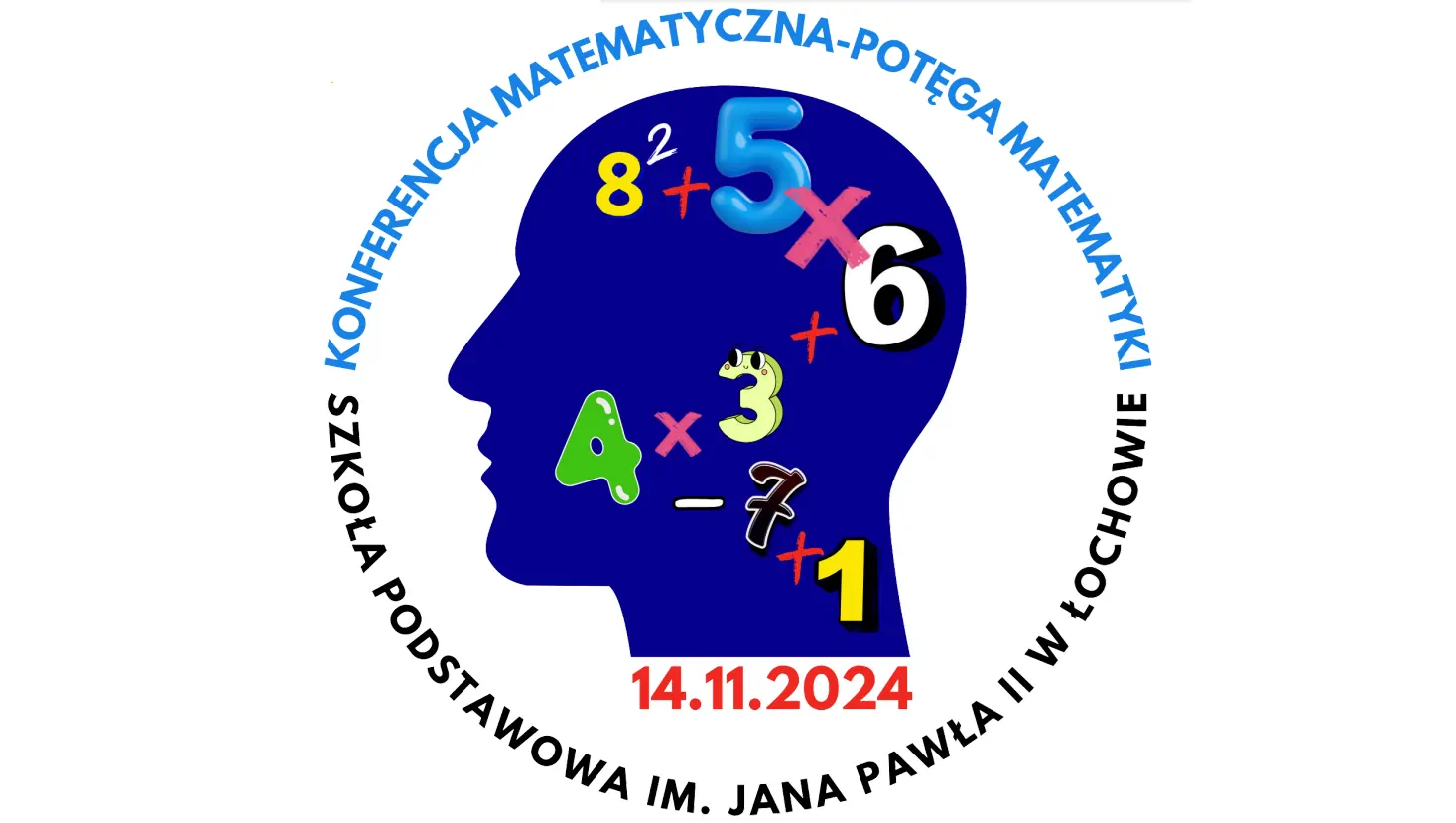 Logo z nazwą konferencji dookoła głowy, na której znajdują się kolorowe cyfry i znaki matematyczne.