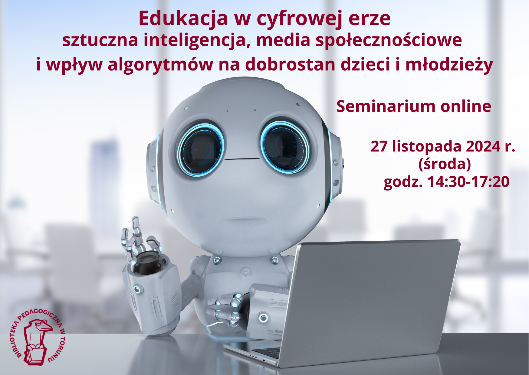 grafika promująca seminarium z robotem siedzącym przy laptopie