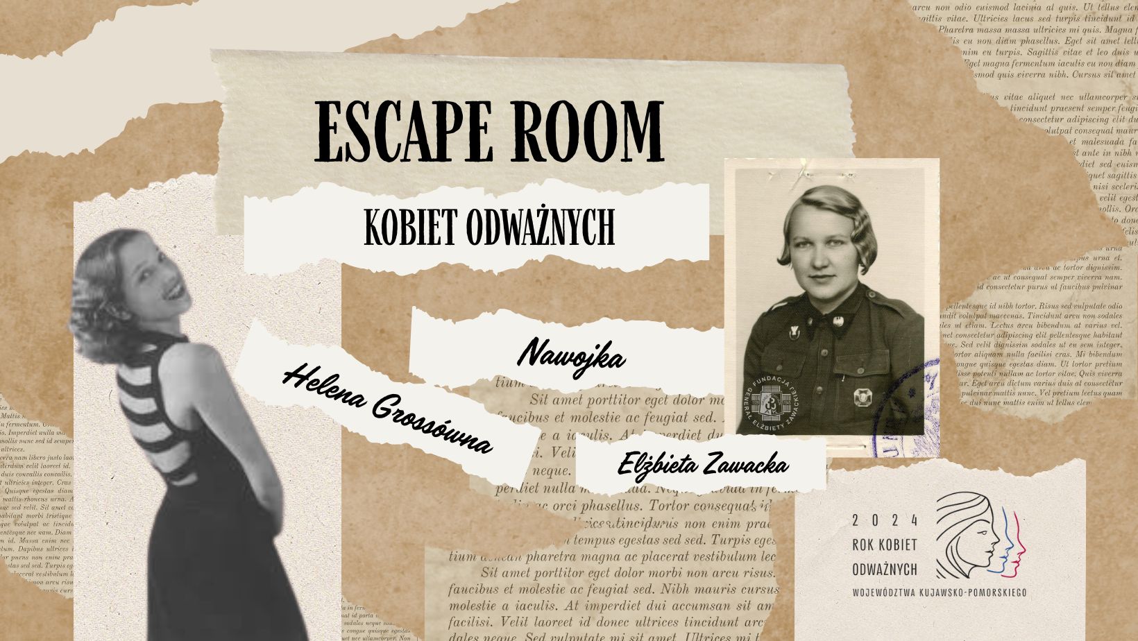 Plakat promujący wydarzenie w Mediatece Raszei: Escape Room Kobiet Odważnych