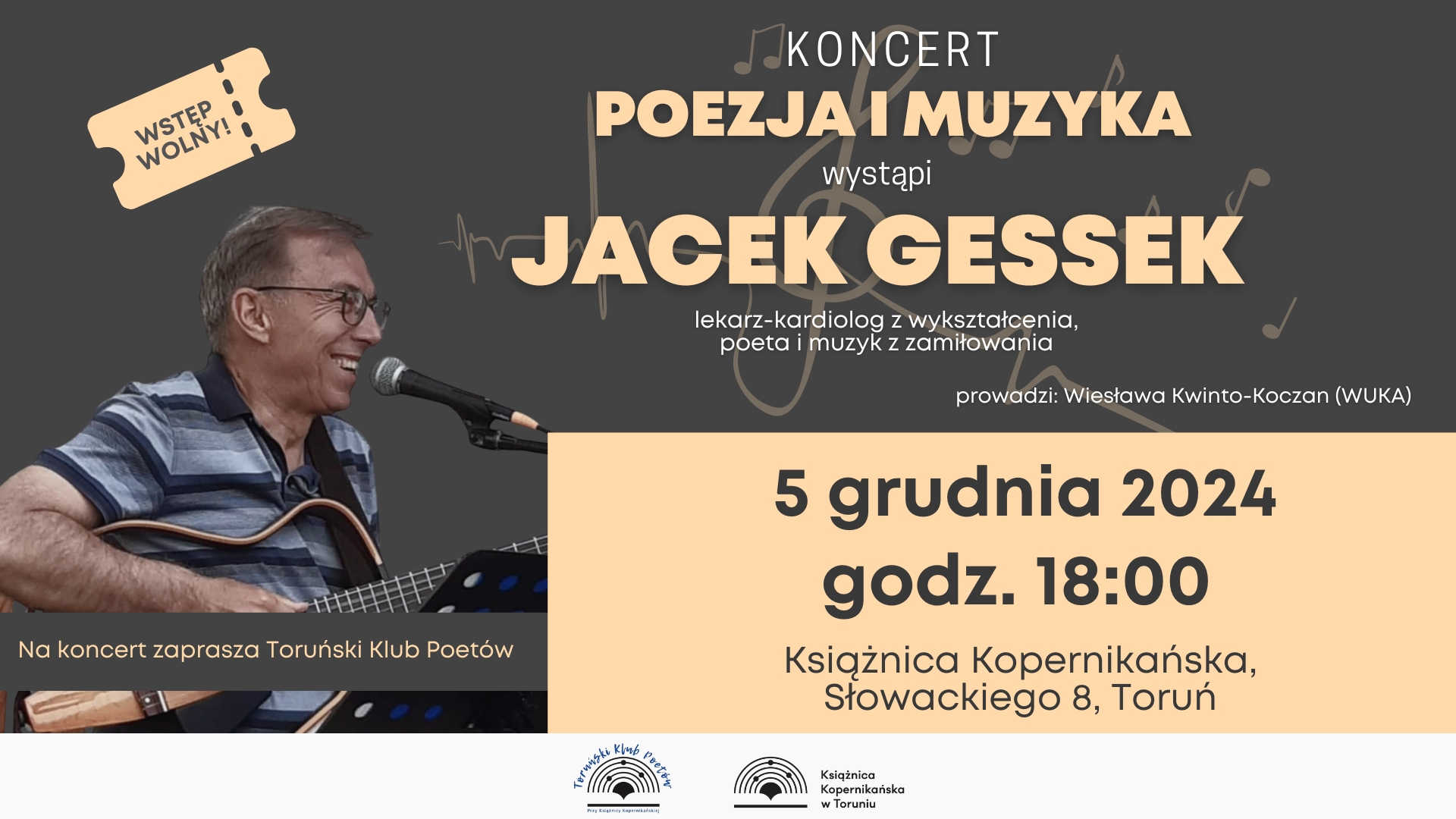 Plakat promujący spotkanie "Poezja i muzyka" w Książnicy Kopernikańskiej w Toruniu