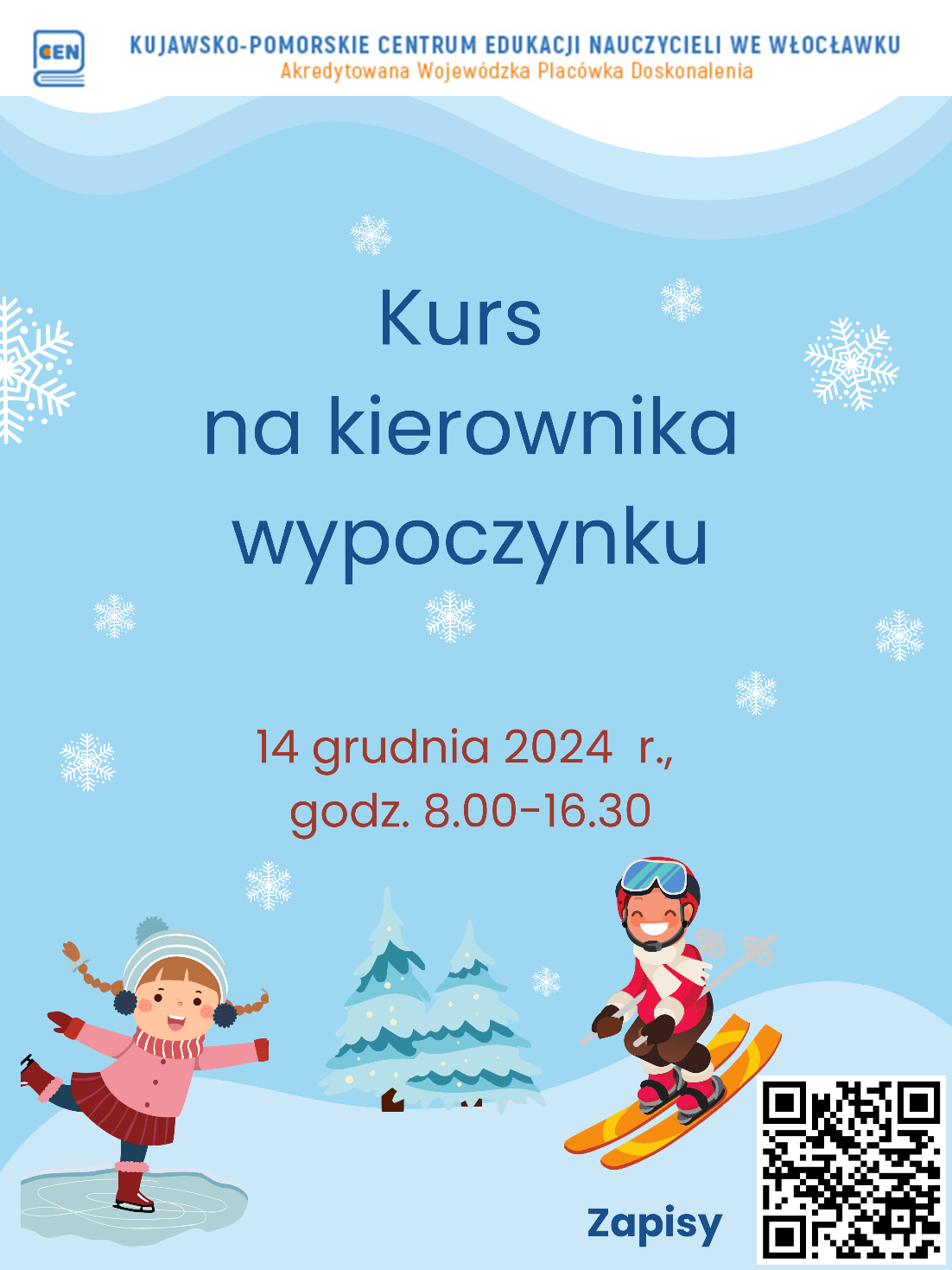 Dwoje dzieci w scenerii zimowej na plakacie Kursu na kierownika wypoczynku. Kod QR do zapisów.