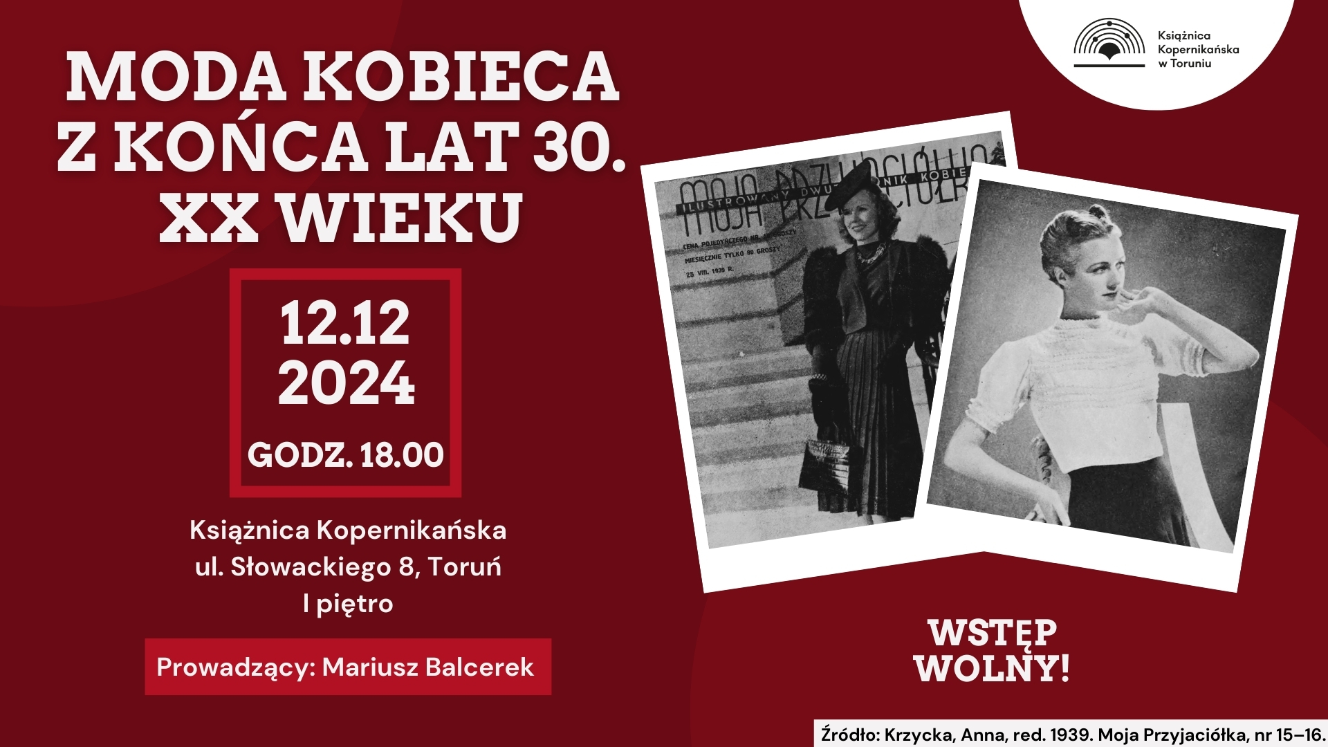 Plakat promujący spotkanie w Książnicy Kopernikańskiej nt. mody kobiecej z końca lat 30. XX wieku