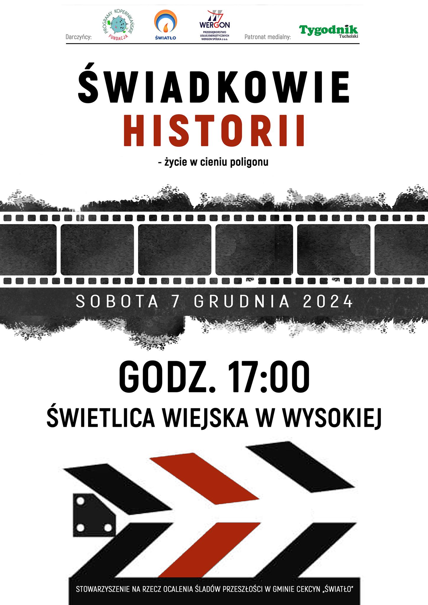 Plakat z napisem Świadkowie historii, rysunek kliszy filmowej i informacje o wydarzeniu