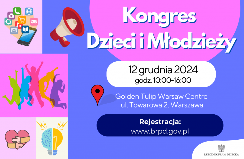 Na grafice ilustrującej wydarzenie z jednej strony znajdują się ikonki smartfona, książki, muzyki, gier komputerowych, rysunek megafonu, zarysy skaczących do góry postaci, rysunek serca, którego obejmują dłonie, rysunek półżarówki i półmózgu. Z drugiej strony znajduje się napis Kongres Dzieci i Młodzieży oraz informacje o terminie i miejscu wydarzenia.