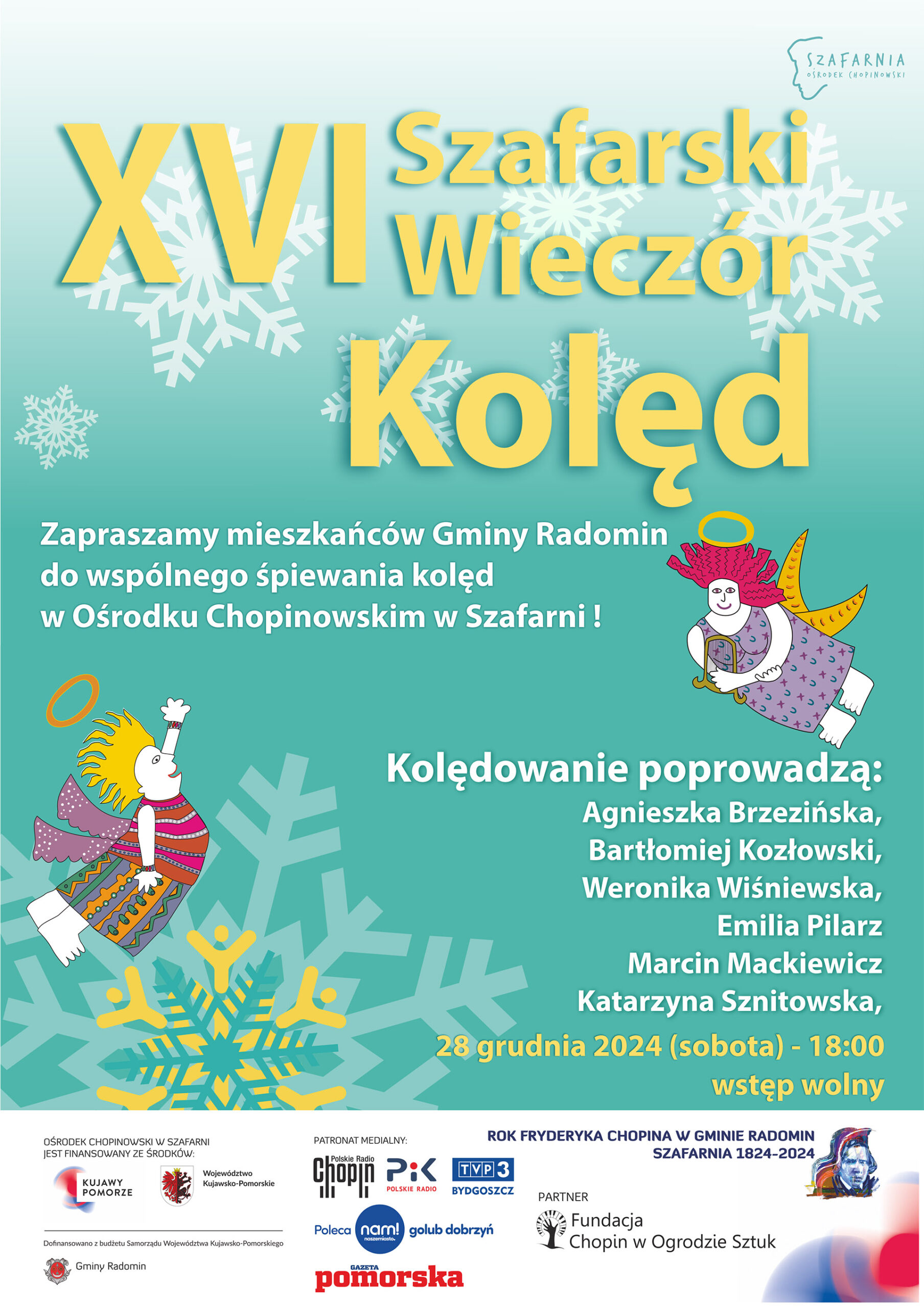 Plakat wydarzenia z napisem XVI Szafarski Wieczór kolęd, na grafice dwa aniołki i płatki śniegu.