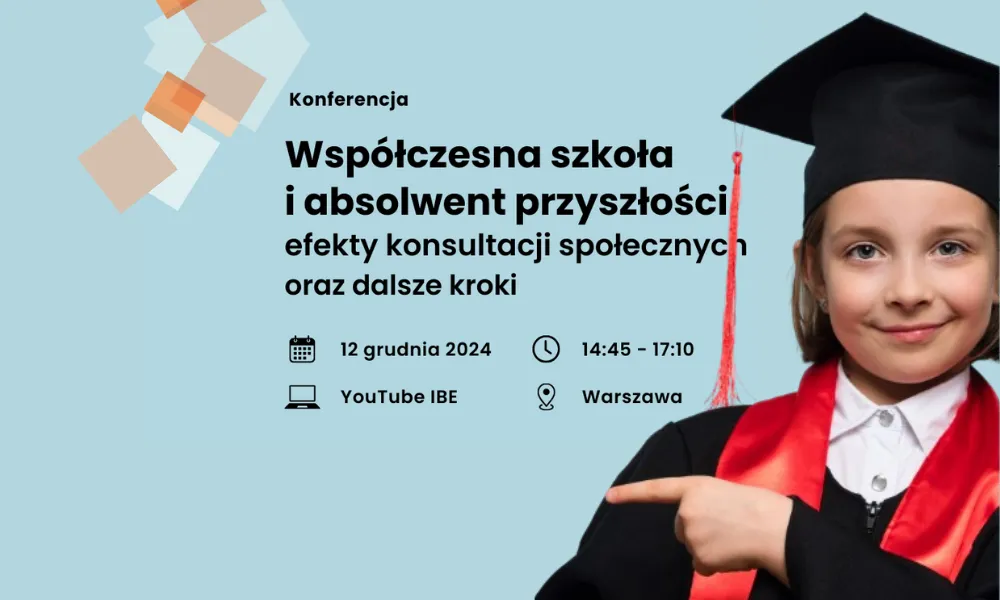 Dziewczynka w birecie i todze studenckiej na plakacie konferencji.