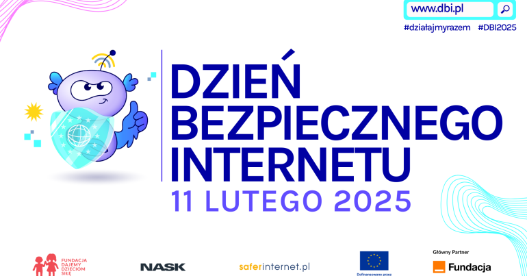 Grafika Dzień Bezpiecznego Internetu z logotypami organizatorów i motywem robota i sieci internet.