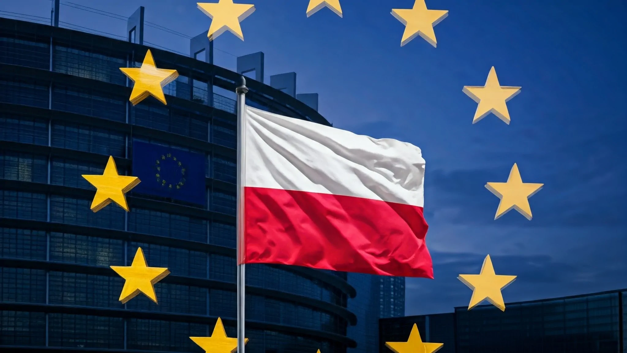 Flaga biało-czerwona i symbole Unii Europejskiej na tle parlamentu europejskiego.