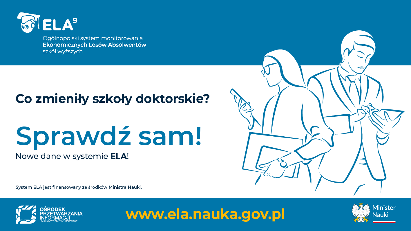 Grafika z napisem Co zmieniły szkoły doktorskie? Sprawdź sam! oraz naszkicowane postaci mężczyzny i kobiety z telefonem komórkowym i tabletem.