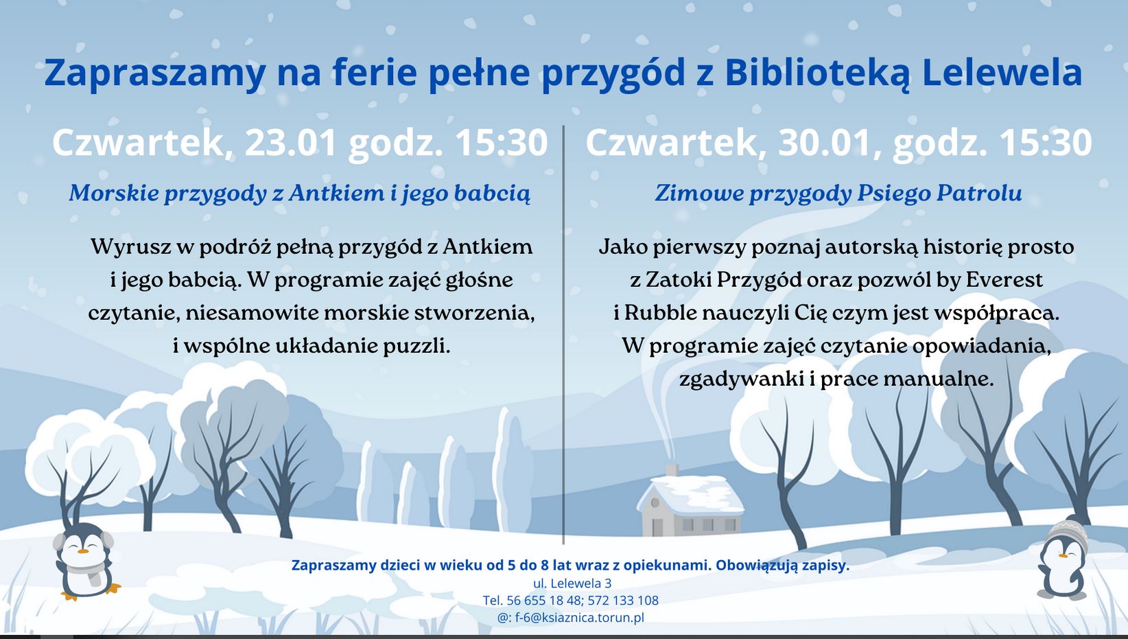 Plakat promujący ferie pełne przygód w Bibliotece Lelewela